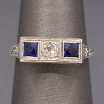 Art Deco Three Stone Old Mine Cut Diamond and Sapphire Ring in 18k White Gold