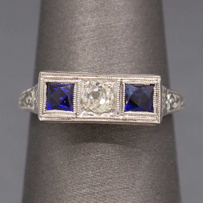 Art Deco Three Stone Old Mine Cut Diamond and Sapphire Ring in 18k White Gold