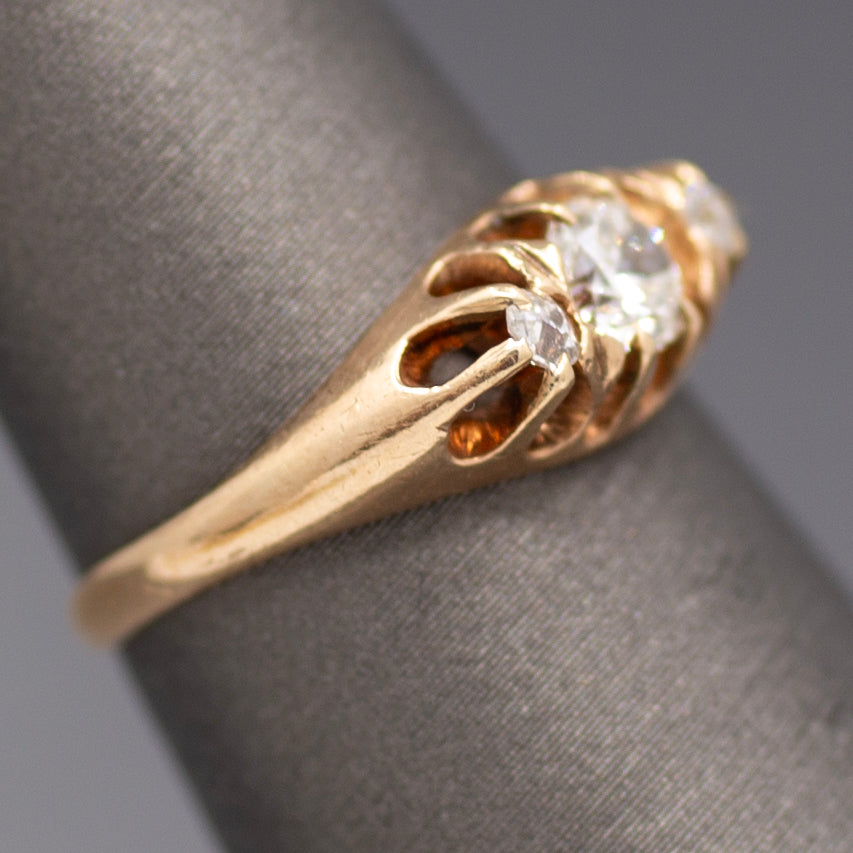 Brilliant Victorian Old European Cut Diamond Three Stone Belcher Set Ring in 14k Rosy Gold