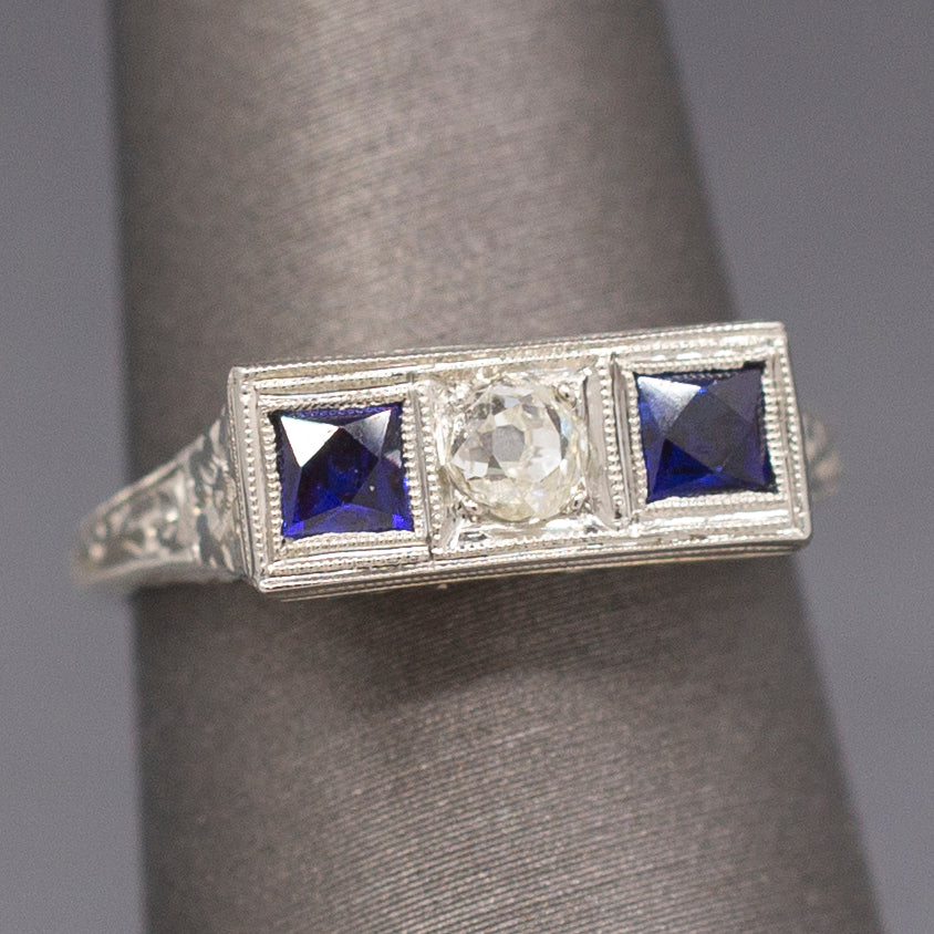 Art Deco Three Stone Old Mine Cut Diamond and Sapphire Ring in 18k White Gold