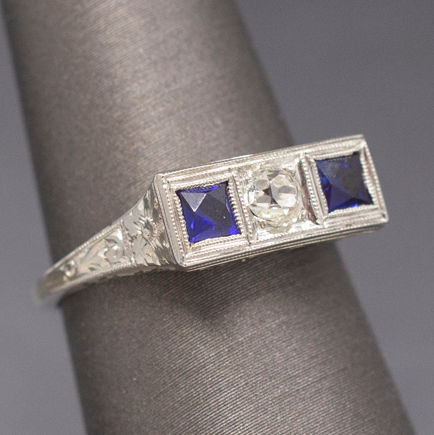 Art Deco Three Stone Old Mine Cut Diamond and Sapphire Ring in 18k White Gold
