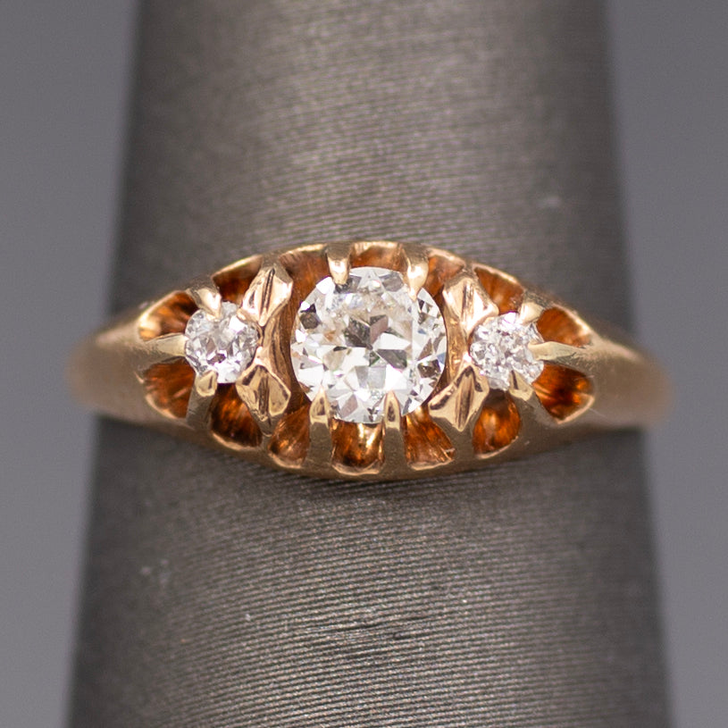 Brilliant Victorian Old European Cut Diamond Three Stone Belcher Set Ring in 14k Rosy Gold
