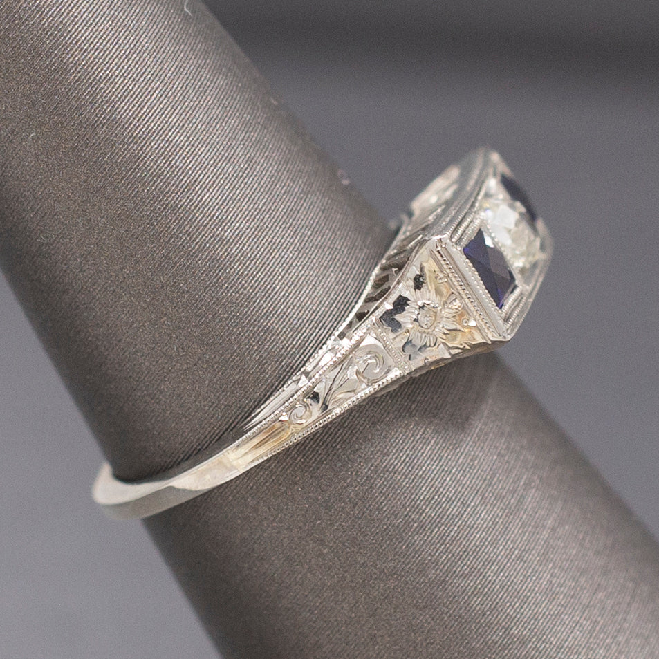 Art Deco Three Stone Old Mine Cut Diamond and Sapphire Ring in 18k White Gold