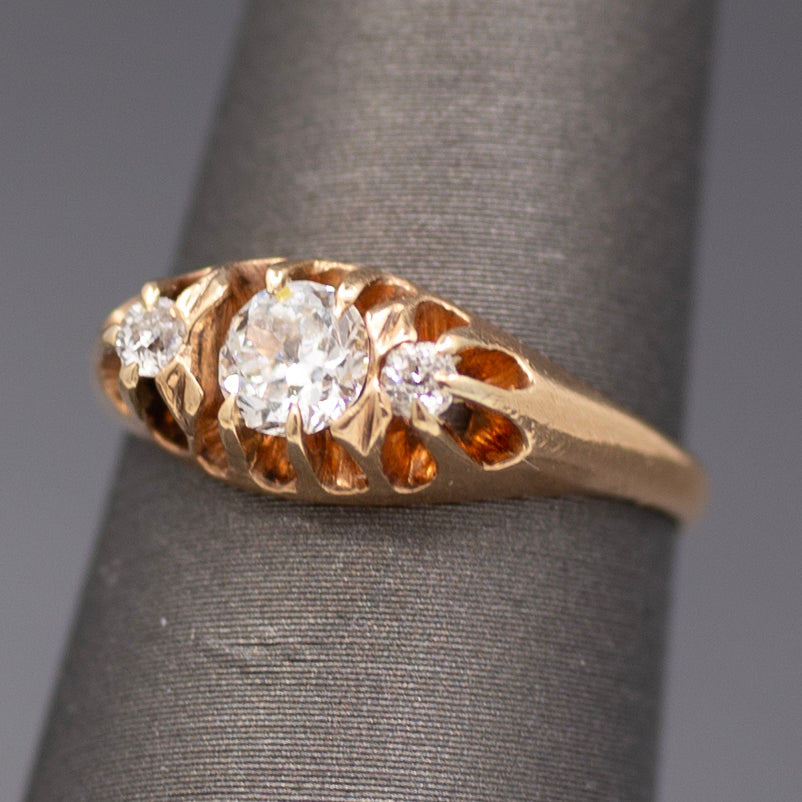 Brilliant Victorian Old European Cut Diamond Three Stone Belcher Set Ring in 14k Rosy Gold