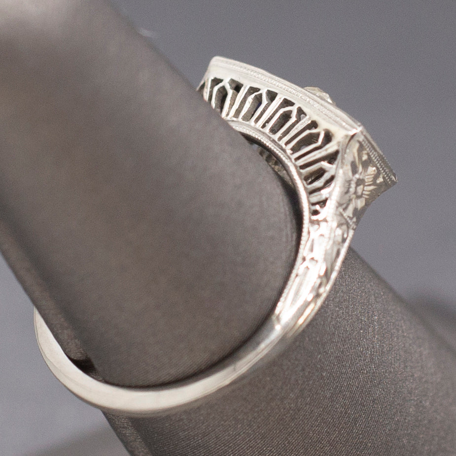 Art Deco Three Stone Old Mine Cut Diamond and Sapphire Ring in 18k White Gold