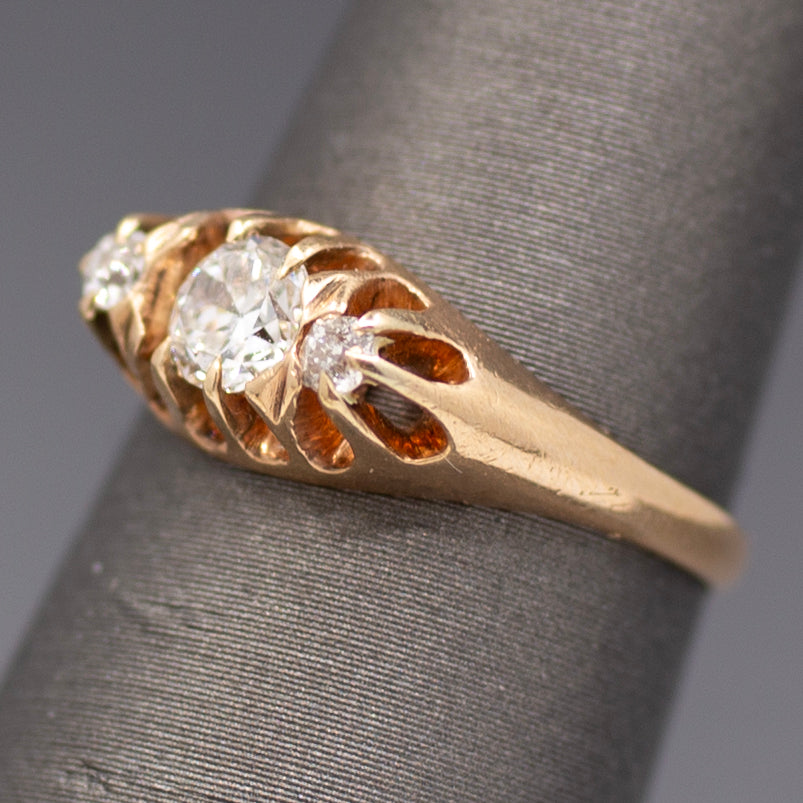 Brilliant Victorian Old European Cut Diamond Three Stone Belcher Set Ring in 14k Rosy Gold