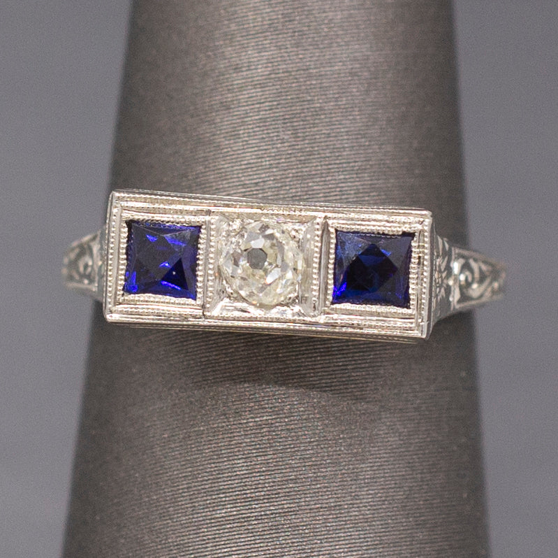 Art Deco Three Stone Old Mine Cut Diamond and Sapphire Ring in 18k White Gold