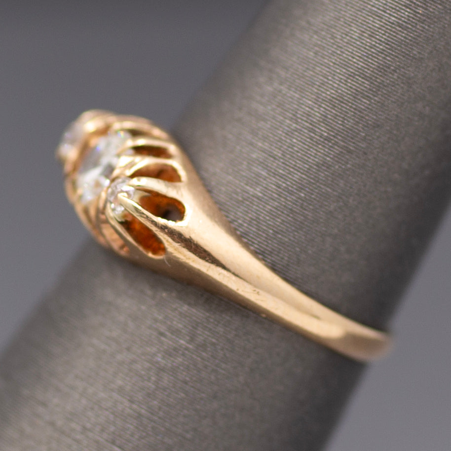 Brilliant Victorian Old European Cut Diamond Three Stone Belcher Set Ring in 14k Rosy Gold