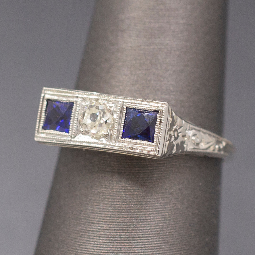 Art Deco Three Stone Old Mine Cut Diamond and Sapphire Ring in 18k White Gold