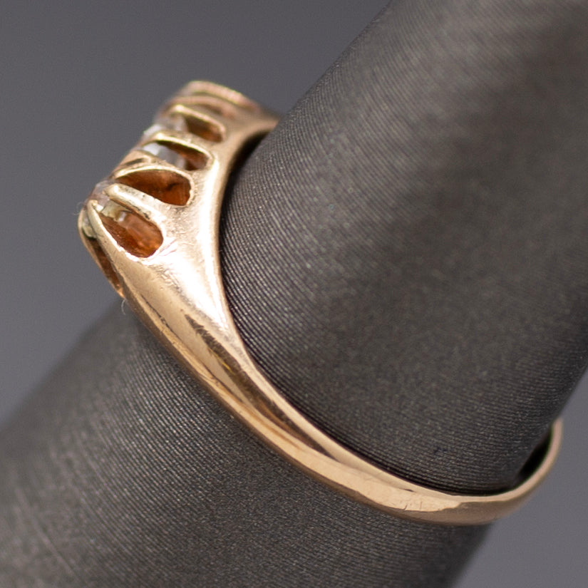 Brilliant Victorian Old European Cut Diamond Three Stone Belcher Set Ring in 14k Rosy Gold