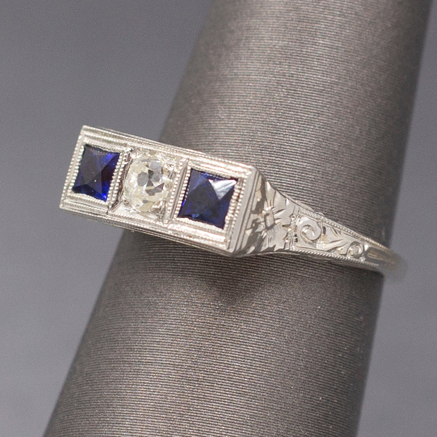 Art Deco Three Stone Old Mine Cut Diamond and Sapphire Ring in 18k White Gold