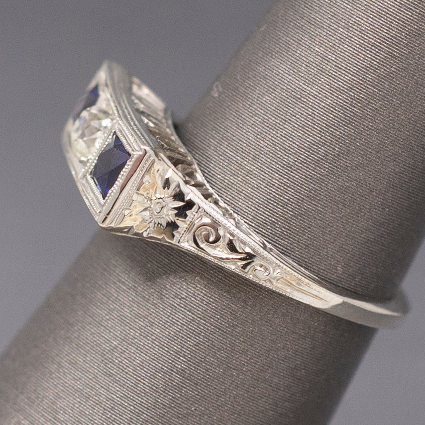 Art Deco Three Stone Old Mine Cut Diamond and Sapphire Ring in 18k White Gold