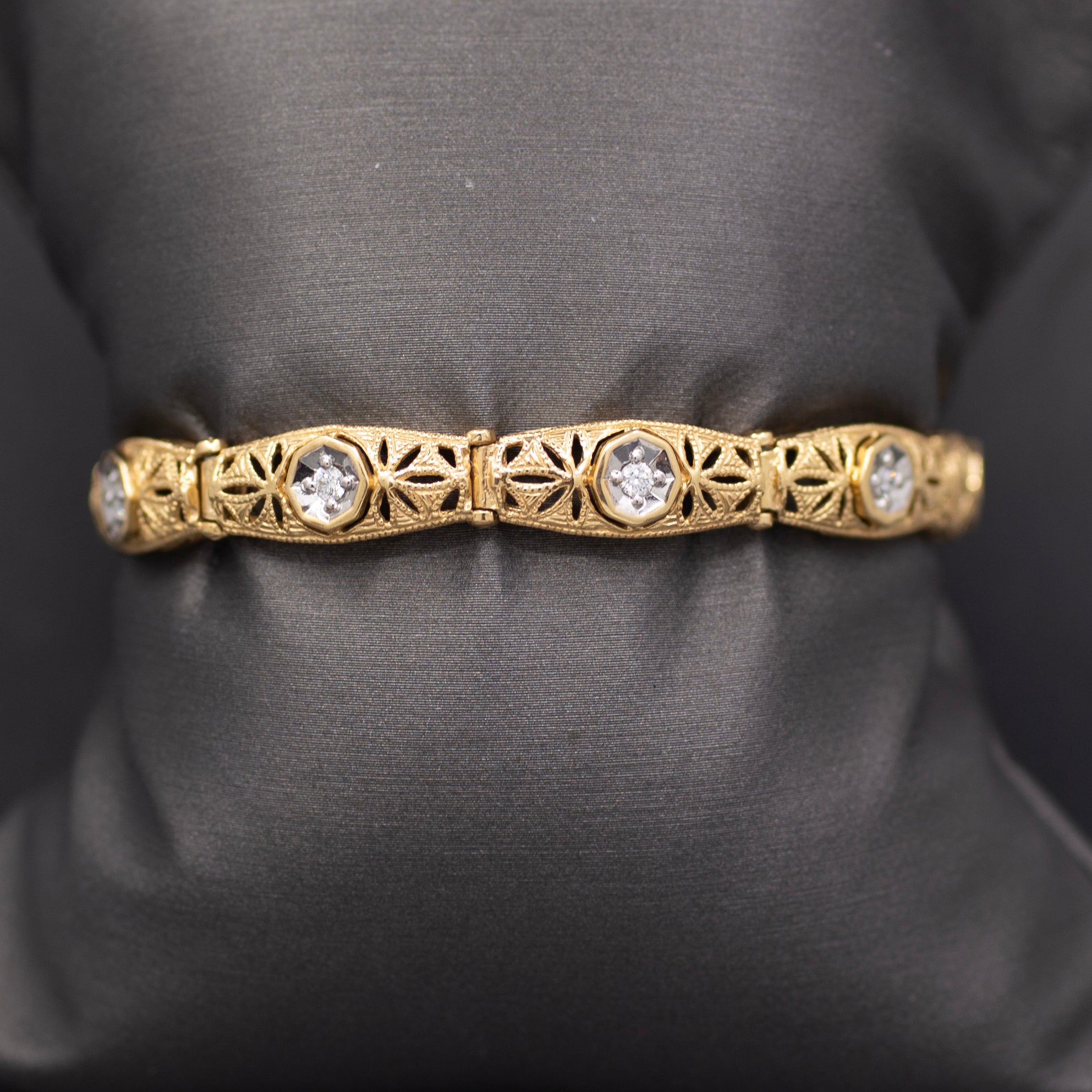 Vintage Filigree Diamond Link Bracelet in 14k Yellow Gold