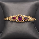 Rhodolite Garnet and Diamond Filigree Bangle Bracelet in 14k Yellow Gold Size Small