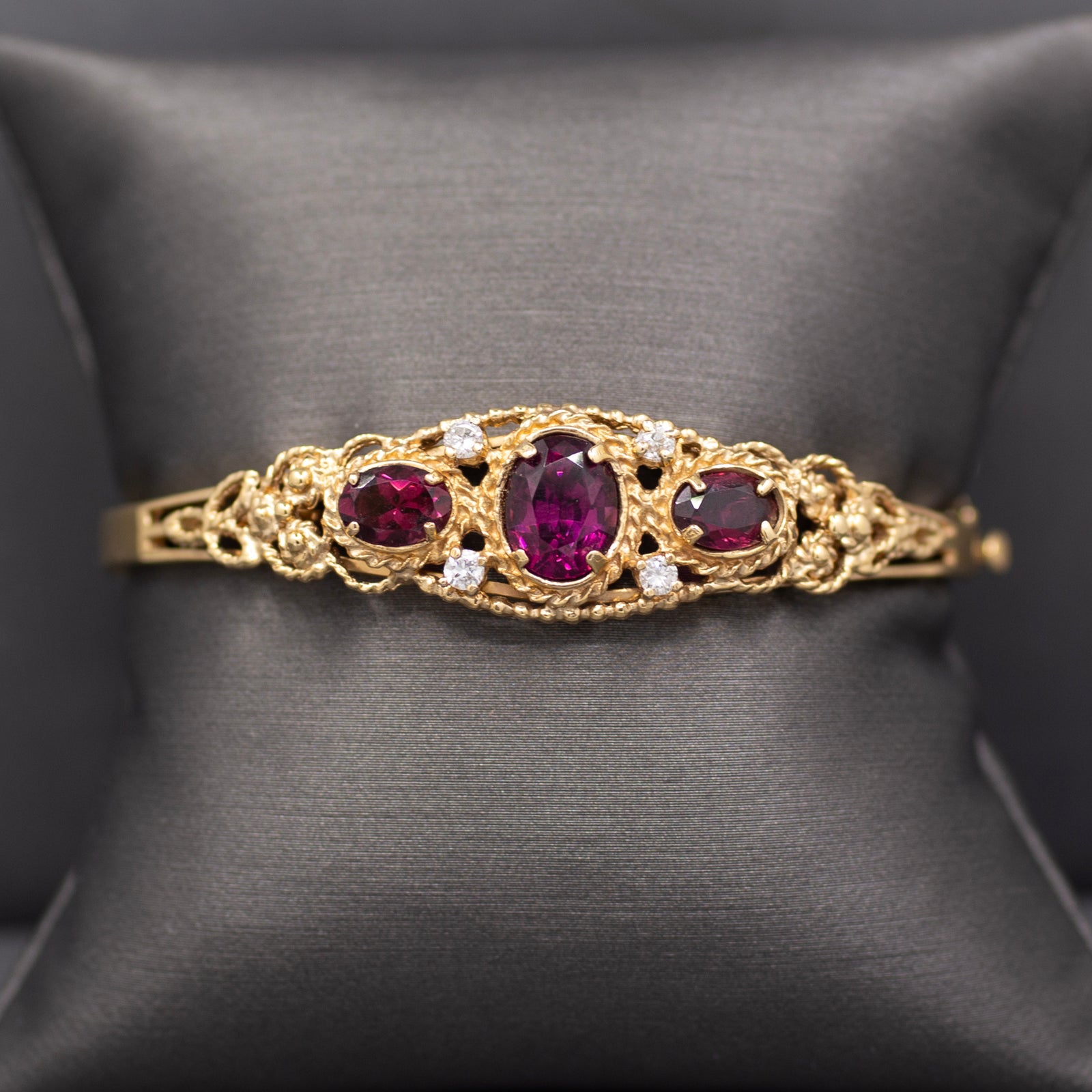Rhodolite Garnet and Diamond Filigree Bangle Bracelet in 14k Yellow Gold Size Small