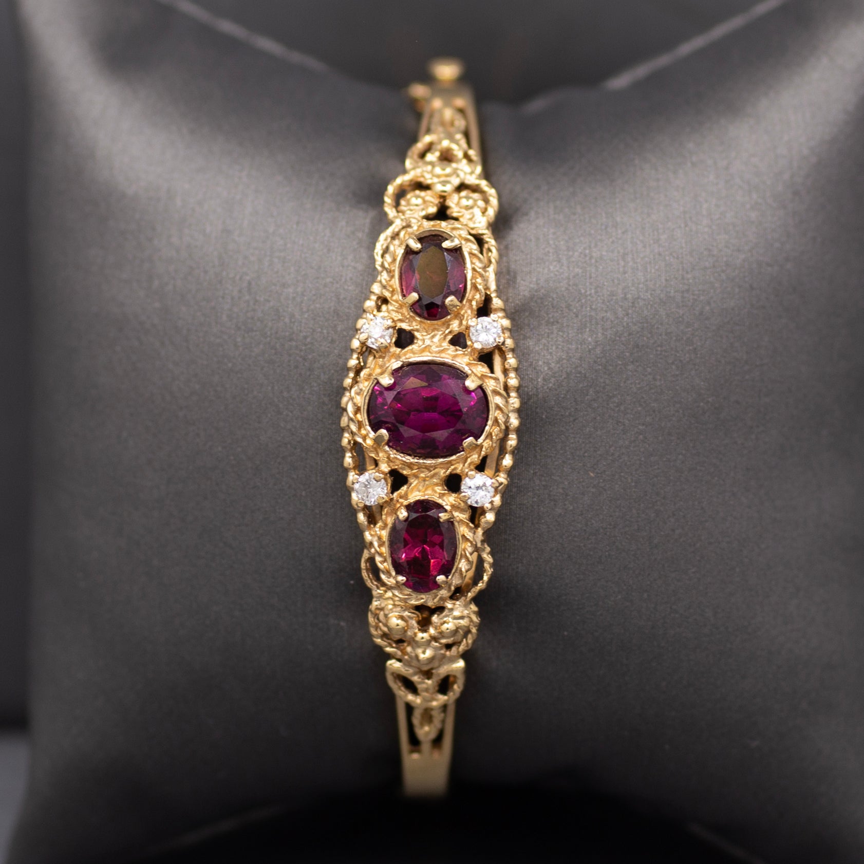 Rhodolite Garnet and Diamond Filigree Bangle Bracelet in 14k Yellow Gold Size Small