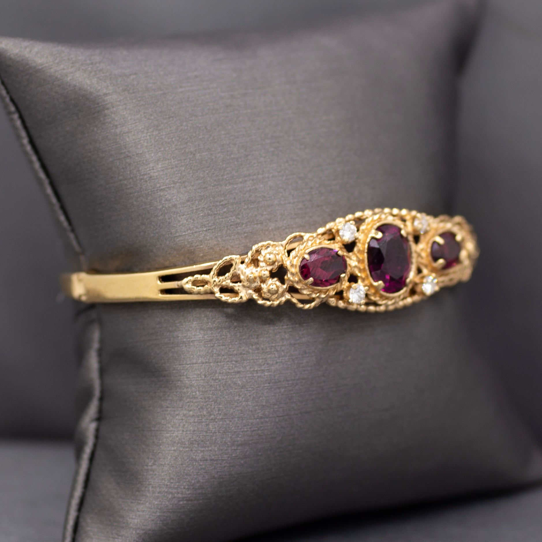 Rhodolite Garnet and Diamond Filigree Bangle Bracelet in 14k Yellow Gold Size Small