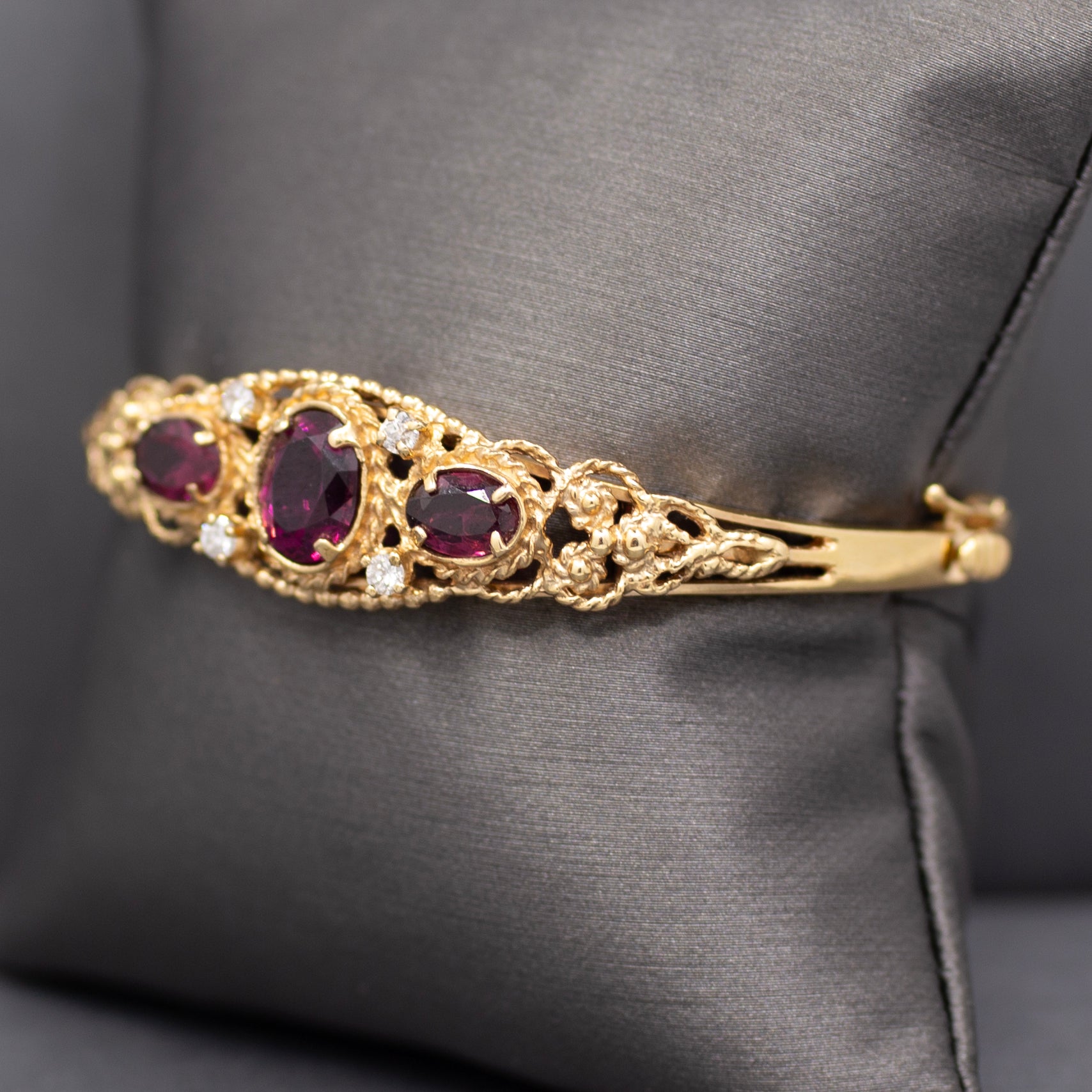 Rhodolite Garnet and Diamond Filigree Bangle Bracelet in 14k Yellow Gold Size Small