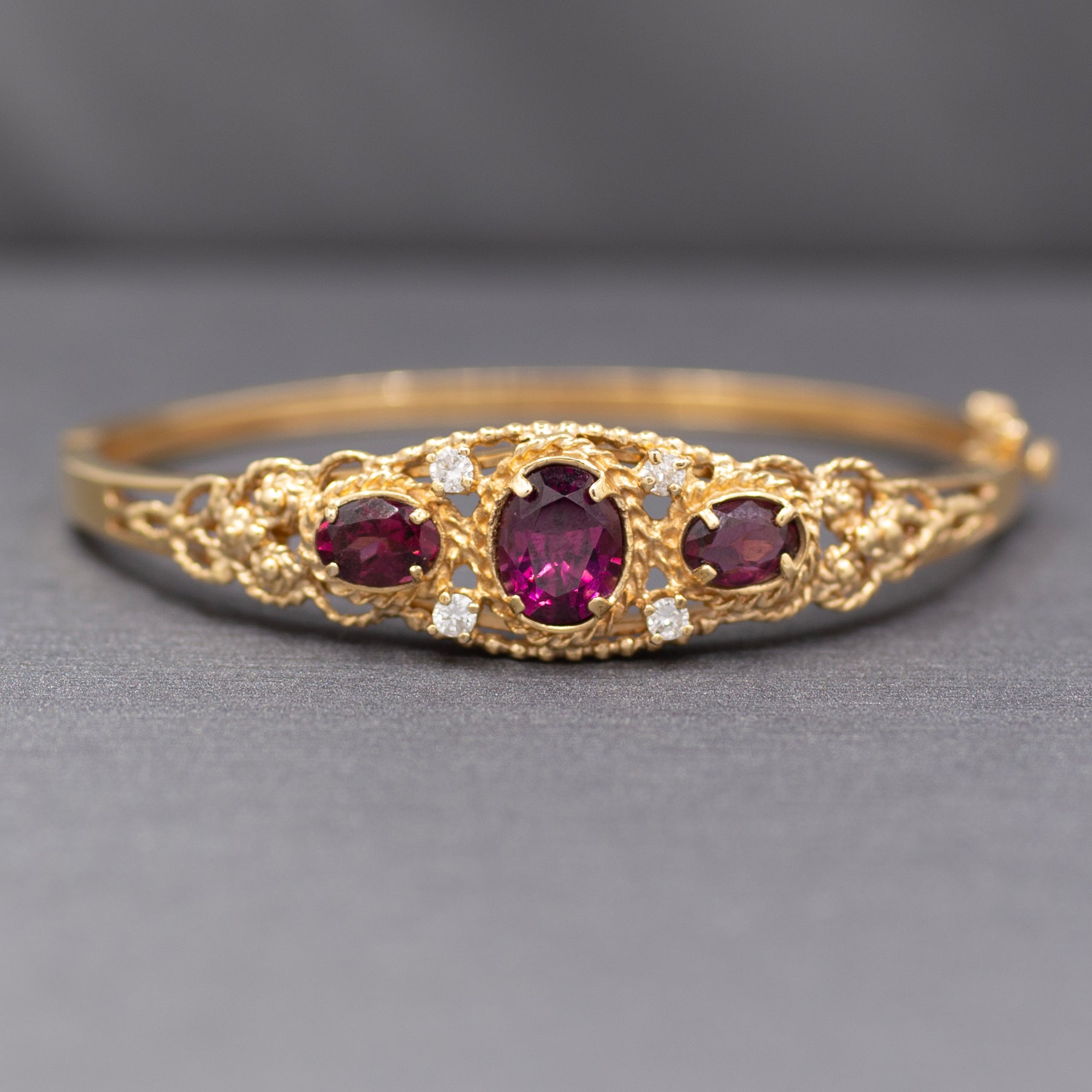 Rhodolite Garnet and Diamond Filigree Bangle Bracelet in 14k Yellow Gold Size Small