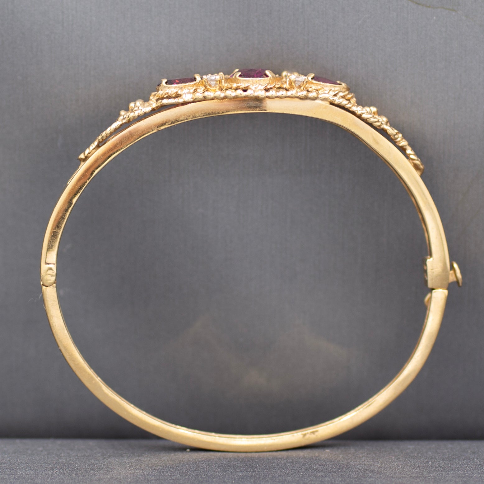 Rhodolite Garnet and Diamond Filigree Bangle Bracelet in 14k Yellow Gold Size Small