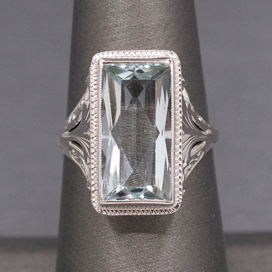 Icy Art Deco Aquamarine Cocktail Ring in 14k White Gold
