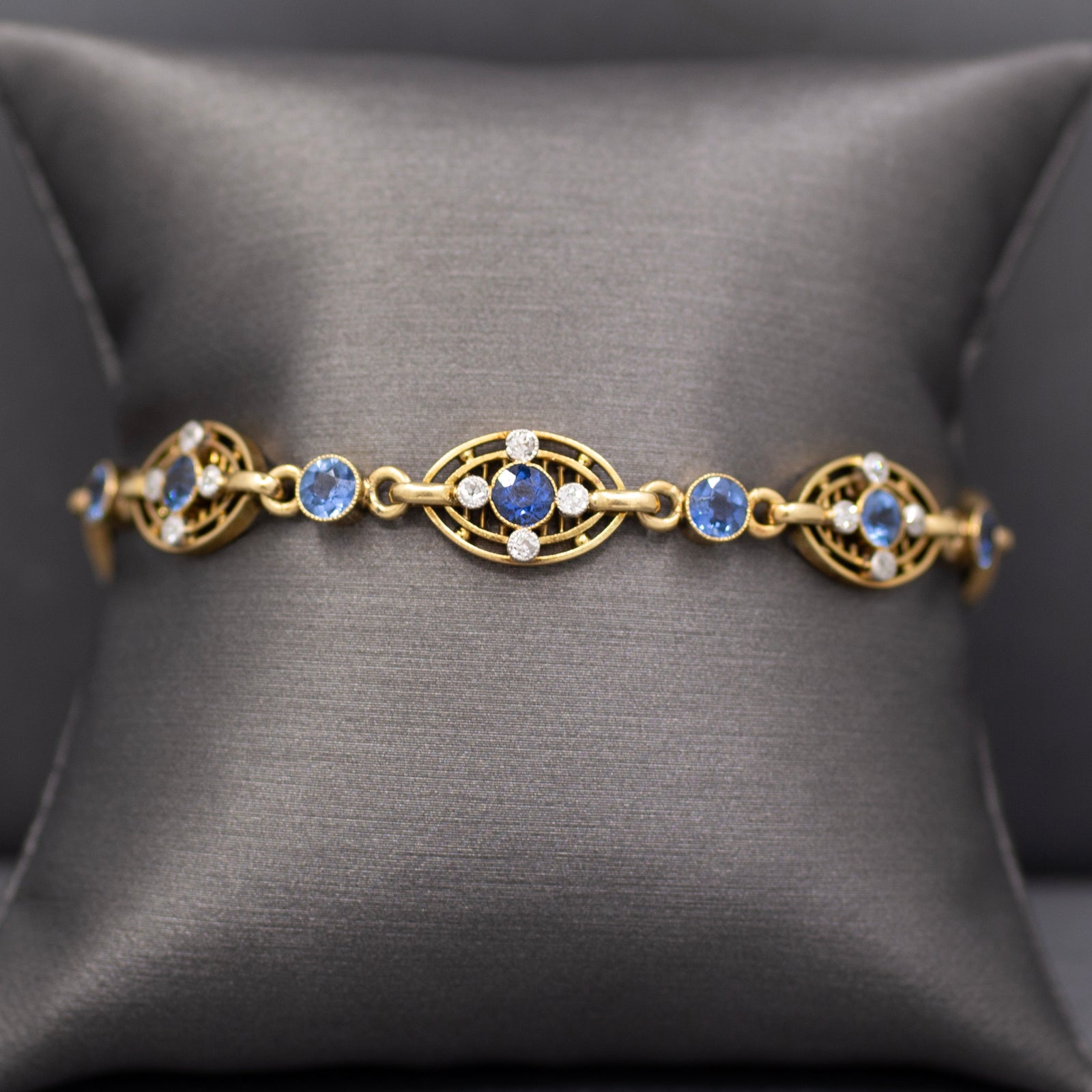 Antique GIA Certified Yogo Blue Sapphire & Old Cut Diamond Bracelet in 14k Yellow Gold