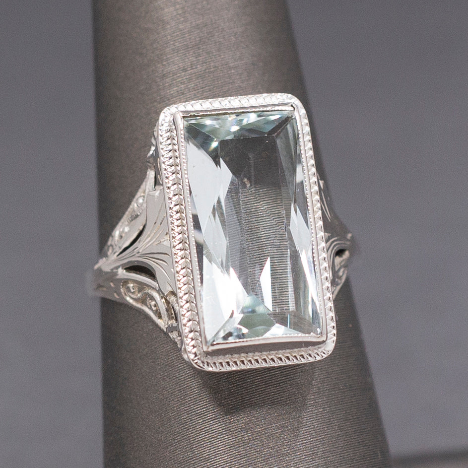 Icy Art Deco Aquamarine Cocktail Ring in 14k White Gold
