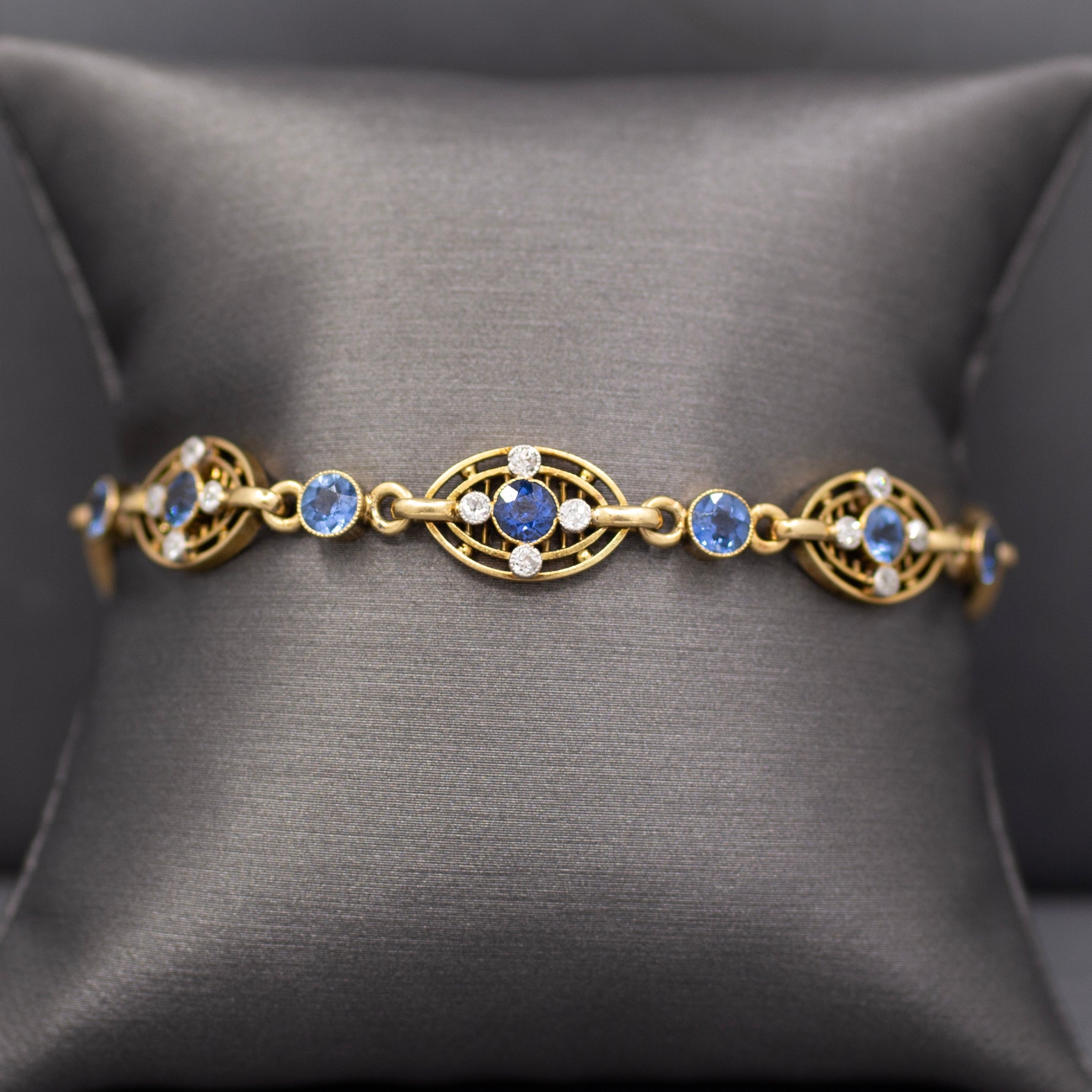 Antique GIA Certified Yogo Blue Sapphire & Old Cut Diamond Bracelet in 14k Yellow Gold