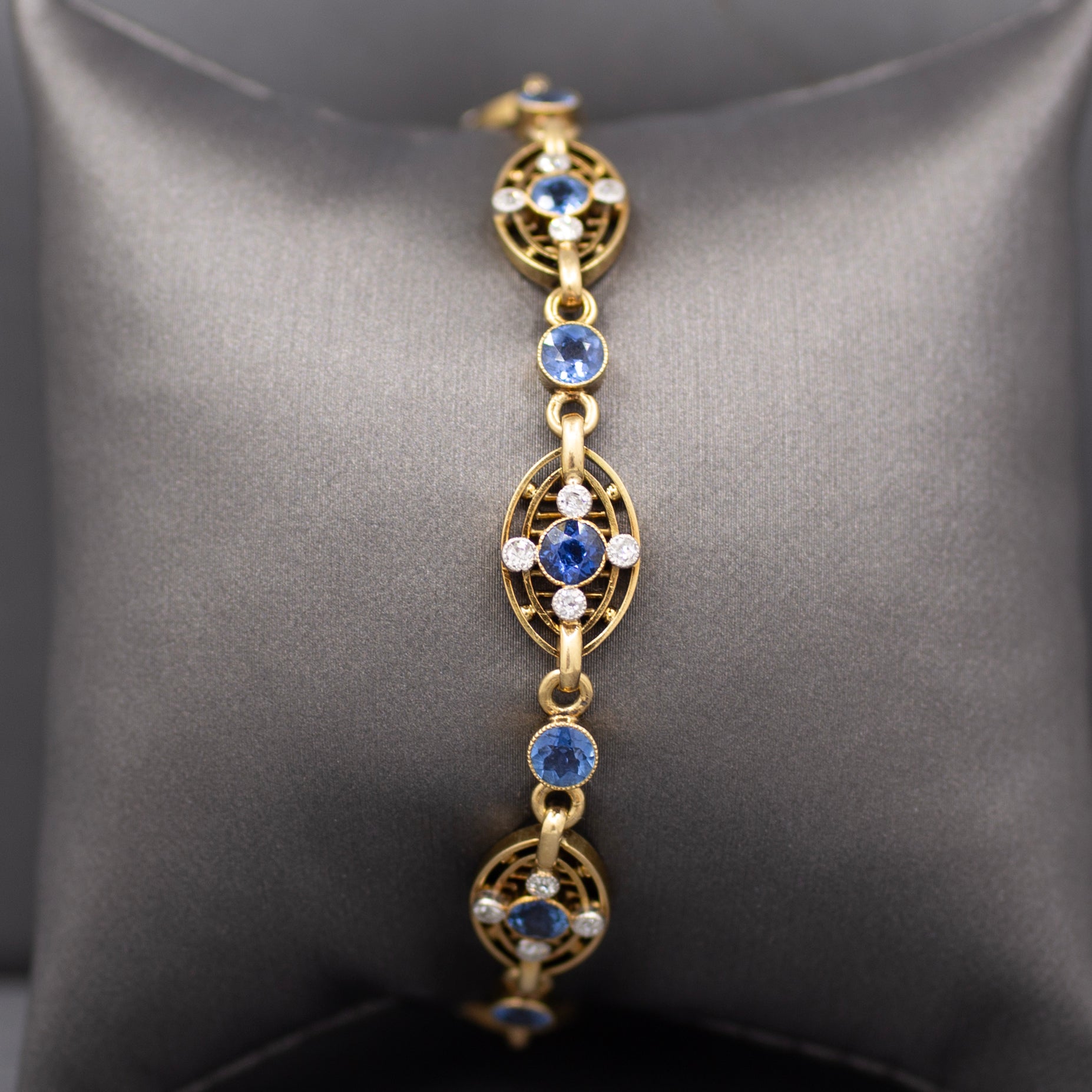Antique GIA Certified Yogo Blue Sapphire & Old Cut Diamond Bracelet in 14k Yellow Gold