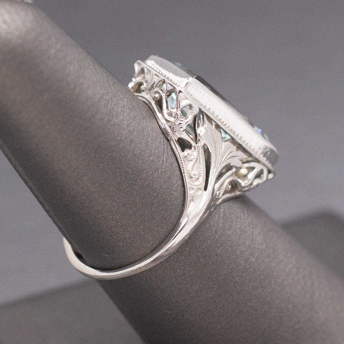 Icy Art Deco Aquamarine Cocktail Ring in 14k White Gold