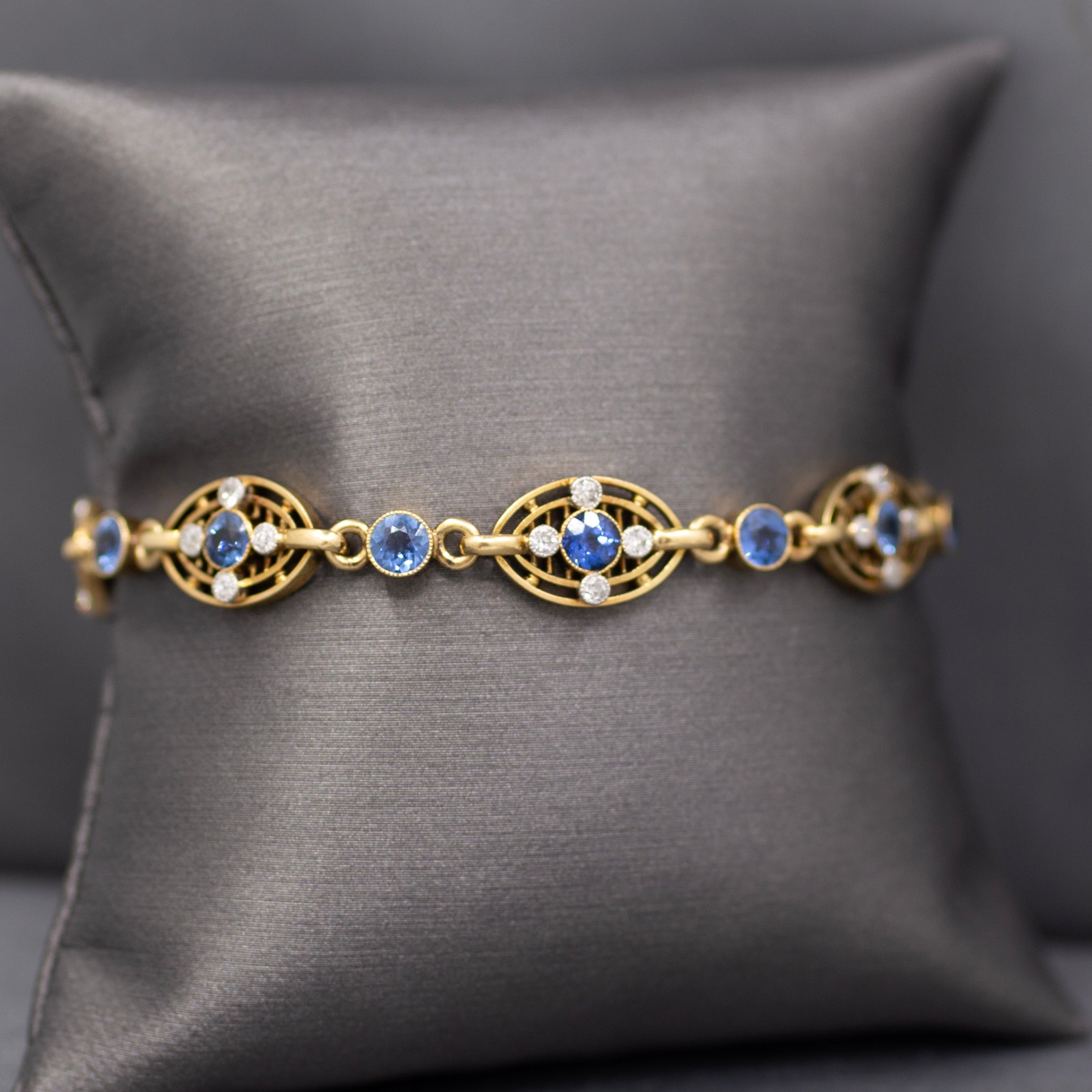 Antique GIA Certified Yogo Blue Sapphire & Old Cut Diamond Bracelet in 14k Yellow Gold