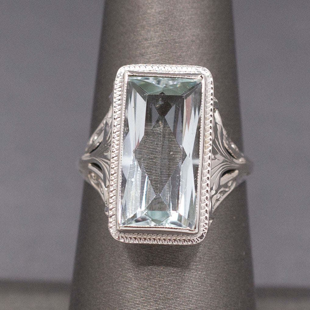 Icy Art Deco Aquamarine Cocktail Ring in 14k White Gold