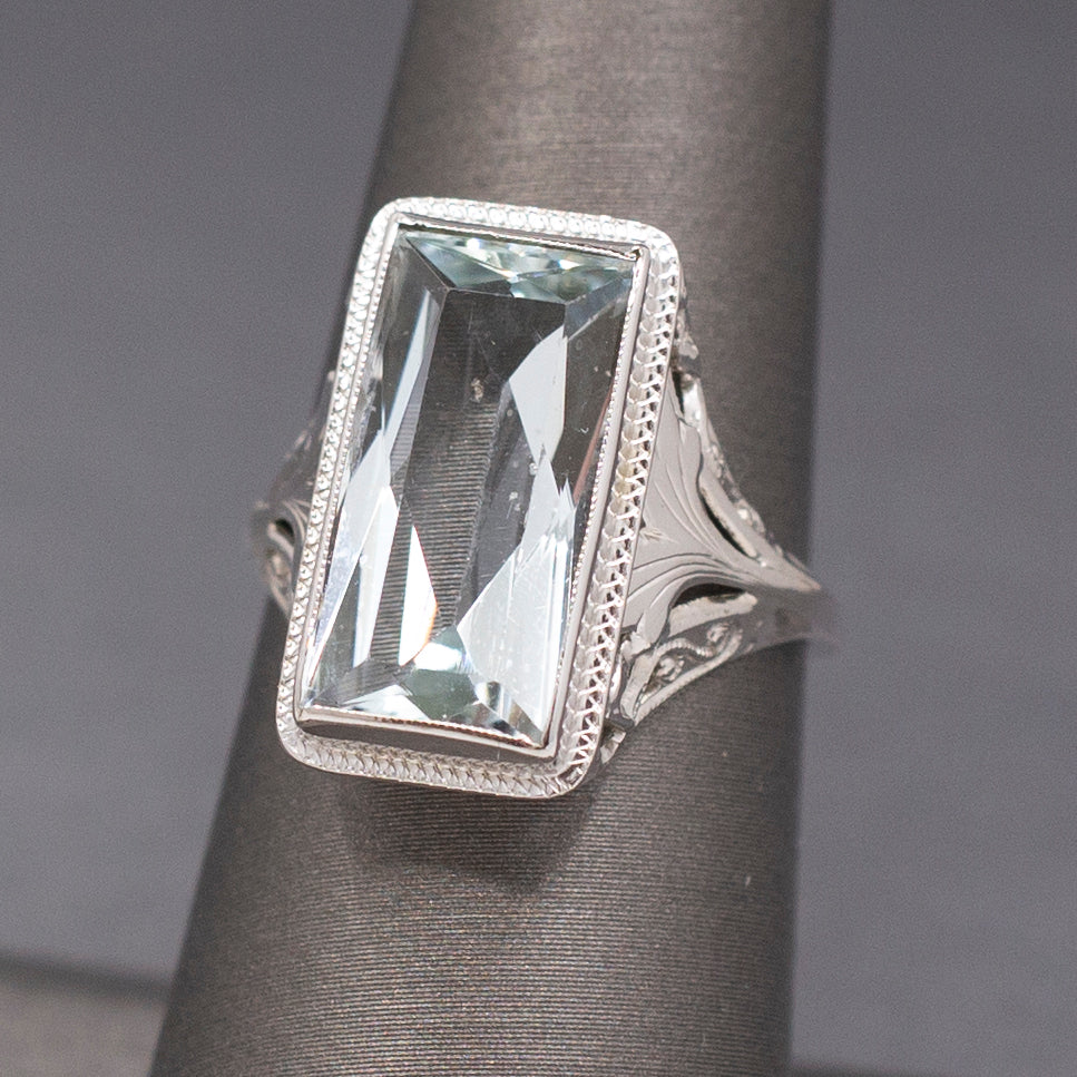 Icy Art Deco Aquamarine Cocktail Ring in 14k White Gold