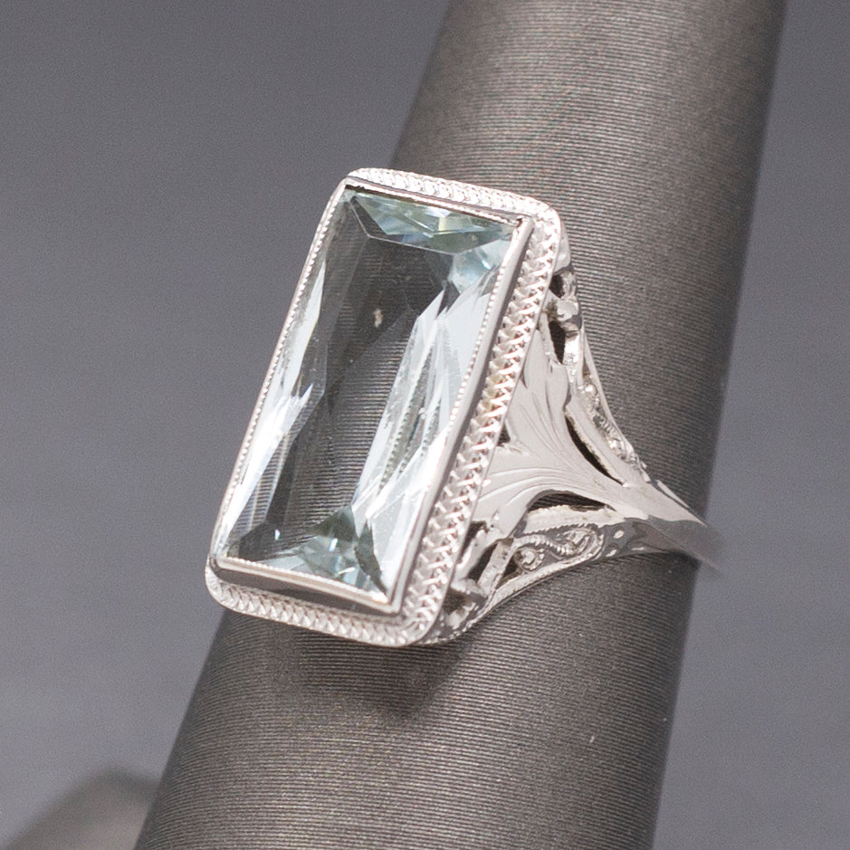 Icy Art Deco Aquamarine Cocktail Ring in 14k White Gold
