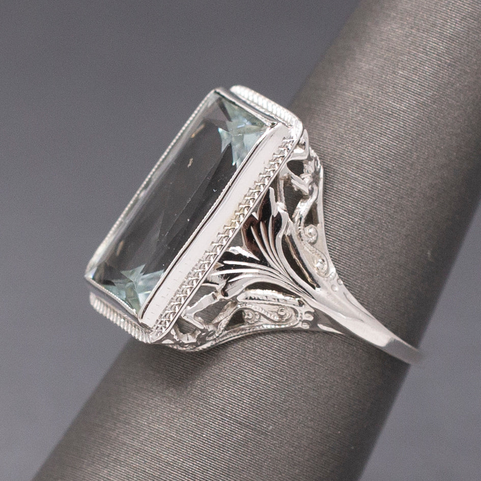 Icy Art Deco Aquamarine Cocktail Ring in 14k White Gold