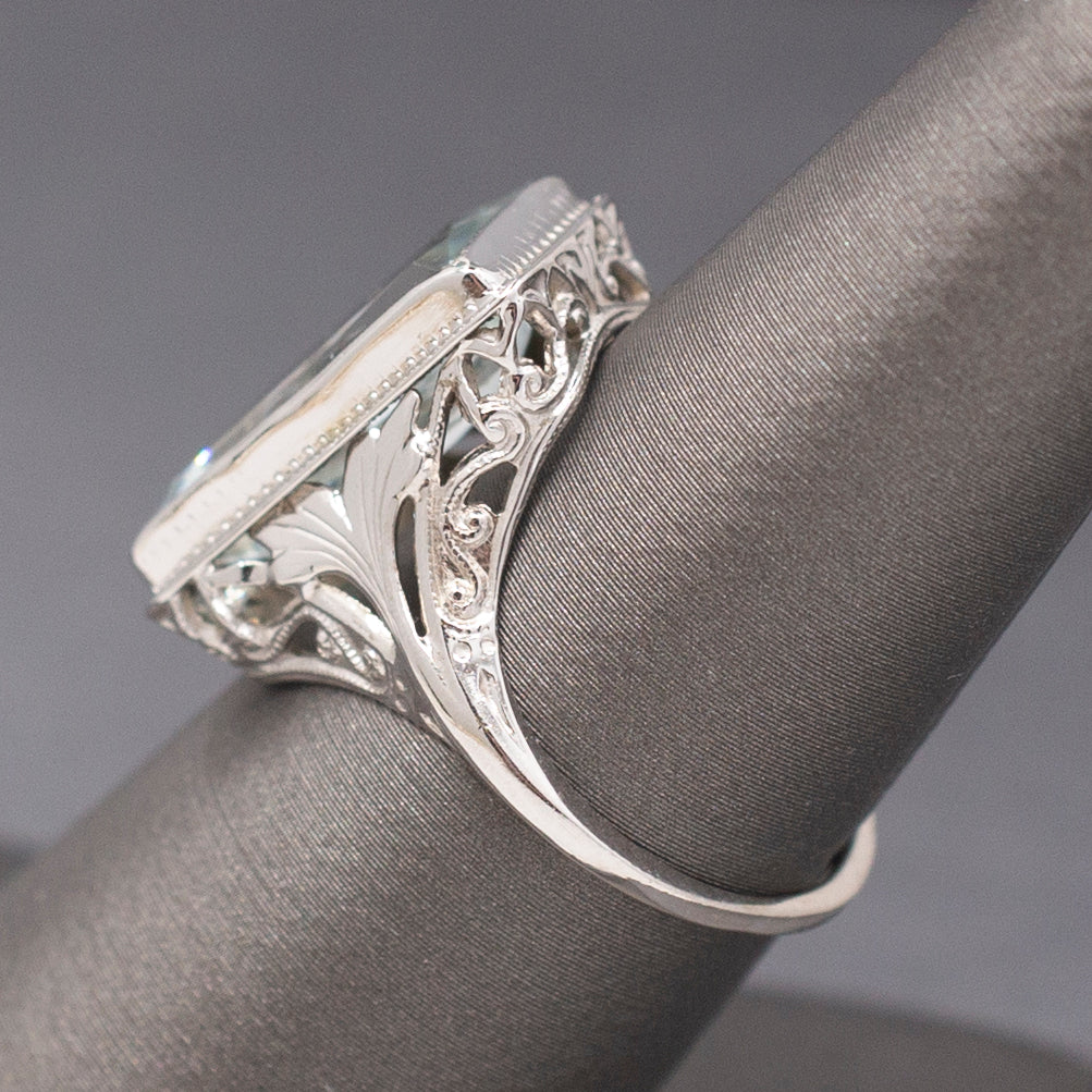 Icy Art Deco Aquamarine Cocktail Ring in 14k White Gold