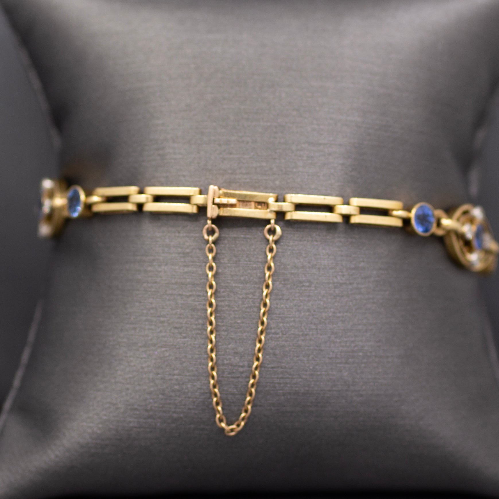 Antique GIA Certified Yogo Blue Sapphire & Old Cut Diamond Bracelet in 14k Yellow Gold