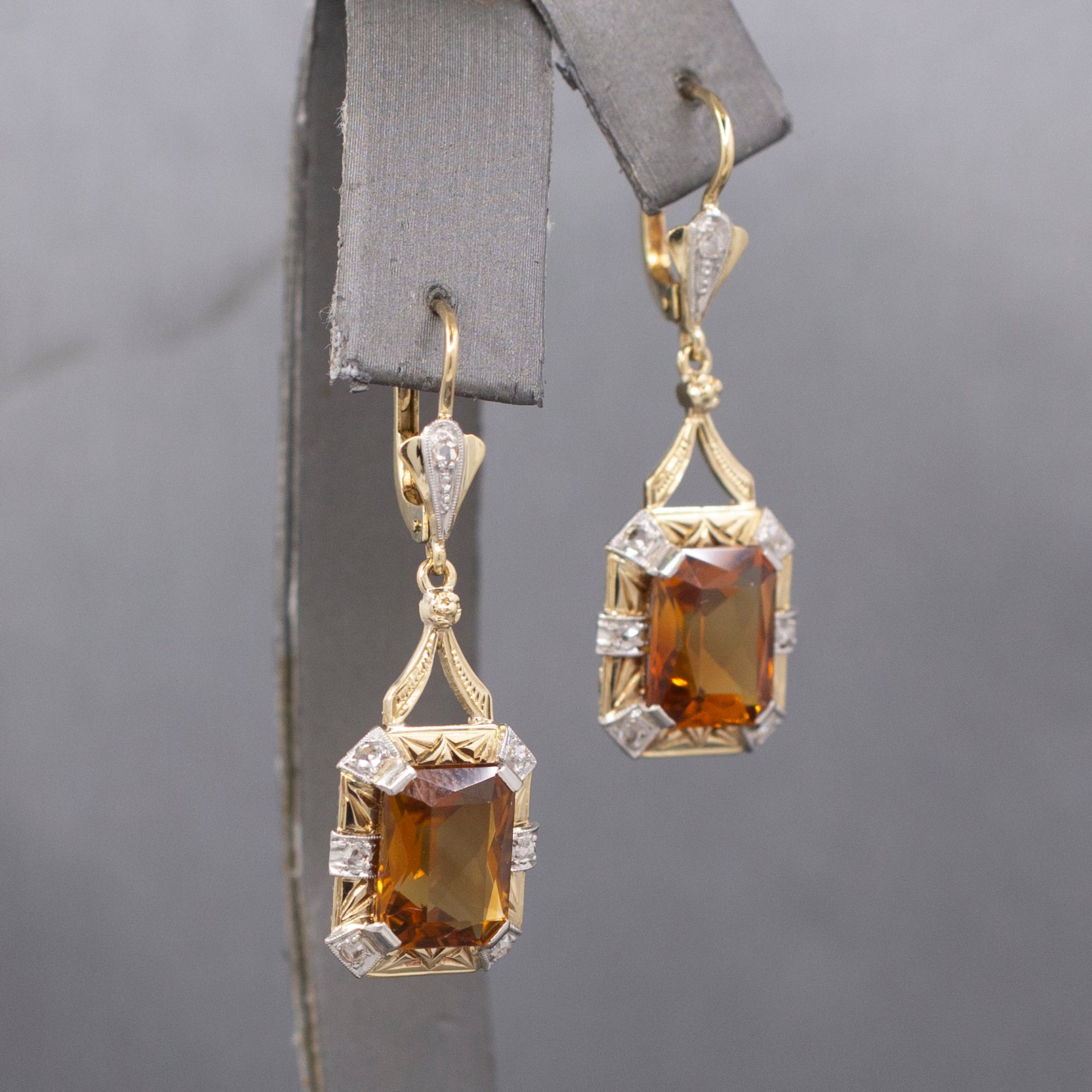 Stunning Vintage Citrine and Rose Cut Diamond Dangle Earrings in 14k Yellow Gold