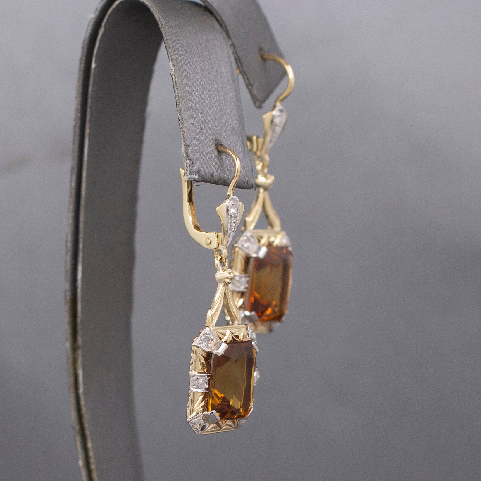 Stunning Vintage Citrine and Rose Cut Diamond Dangle Earrings in 14k Yellow Gold