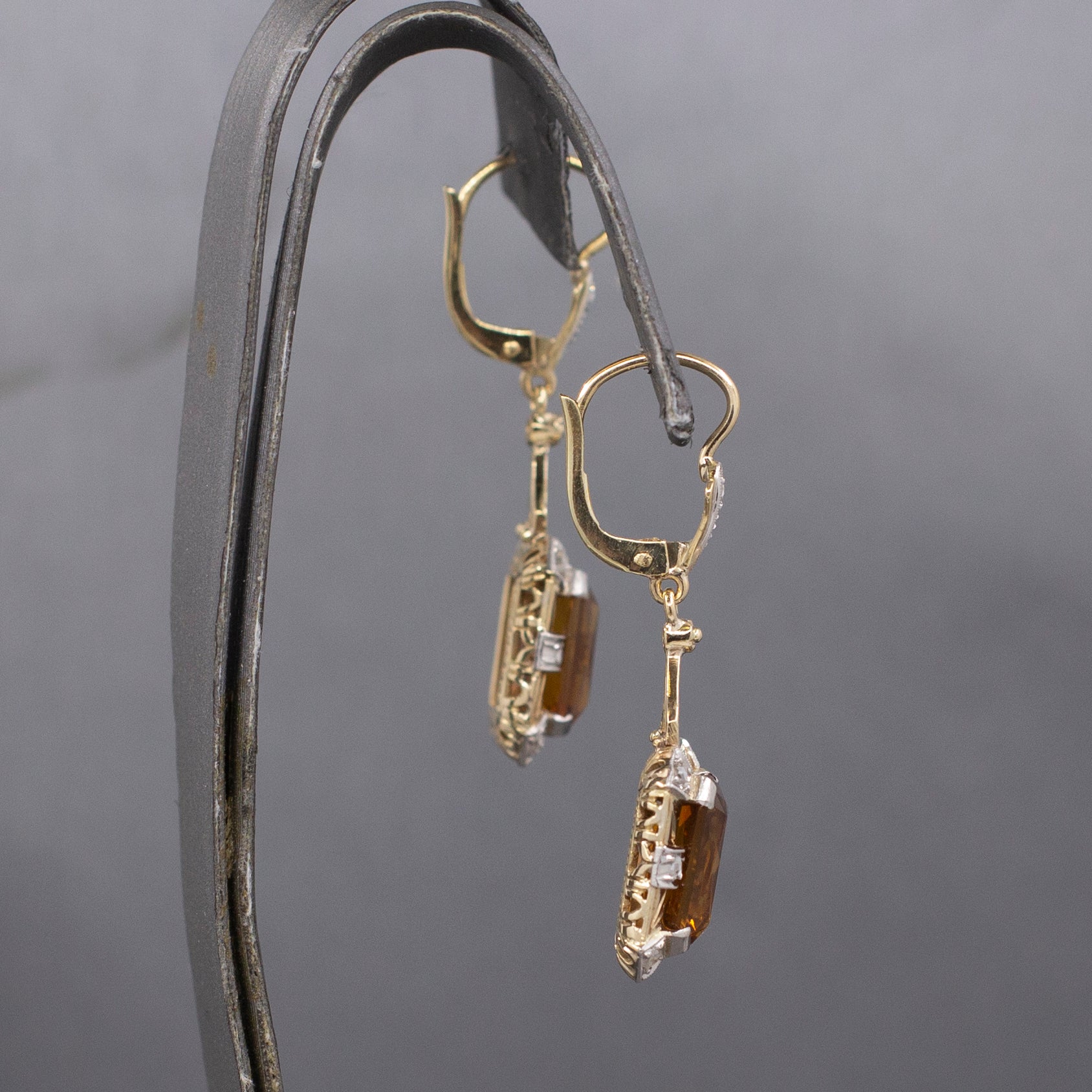 Stunning Vintage Citrine and Rose Cut Diamond Dangle Earrings in 14k Yellow Gold