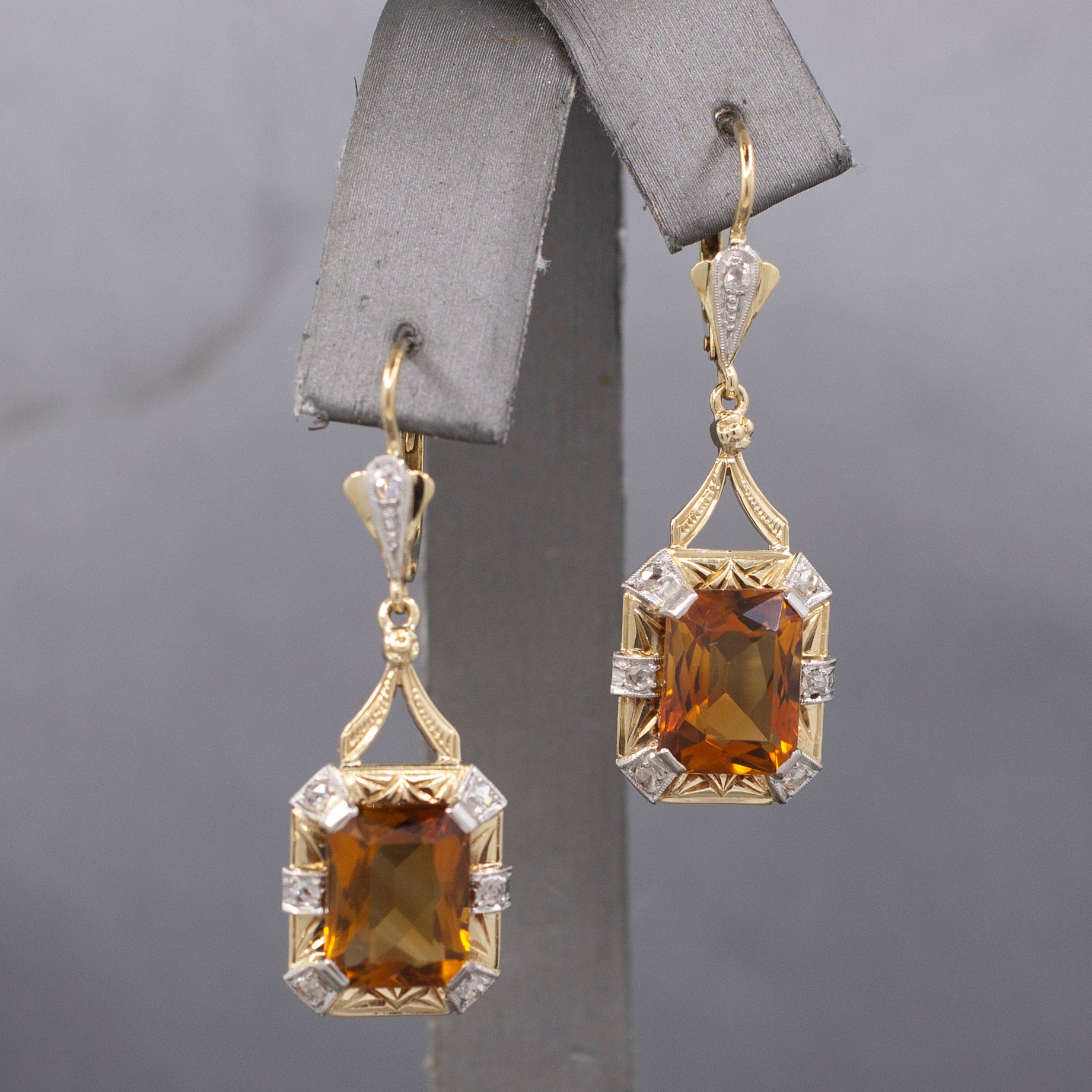 Stunning Vintage Citrine and Rose Cut Diamond Dangle Earrings in 14k Yellow Gold