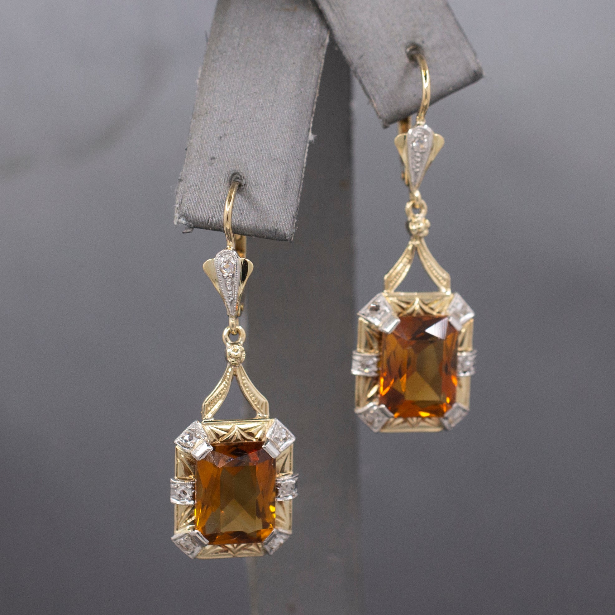 Stunning Vintage Citrine and Rose Cut Diamond Dangle Earrings in 14k Yellow Gold