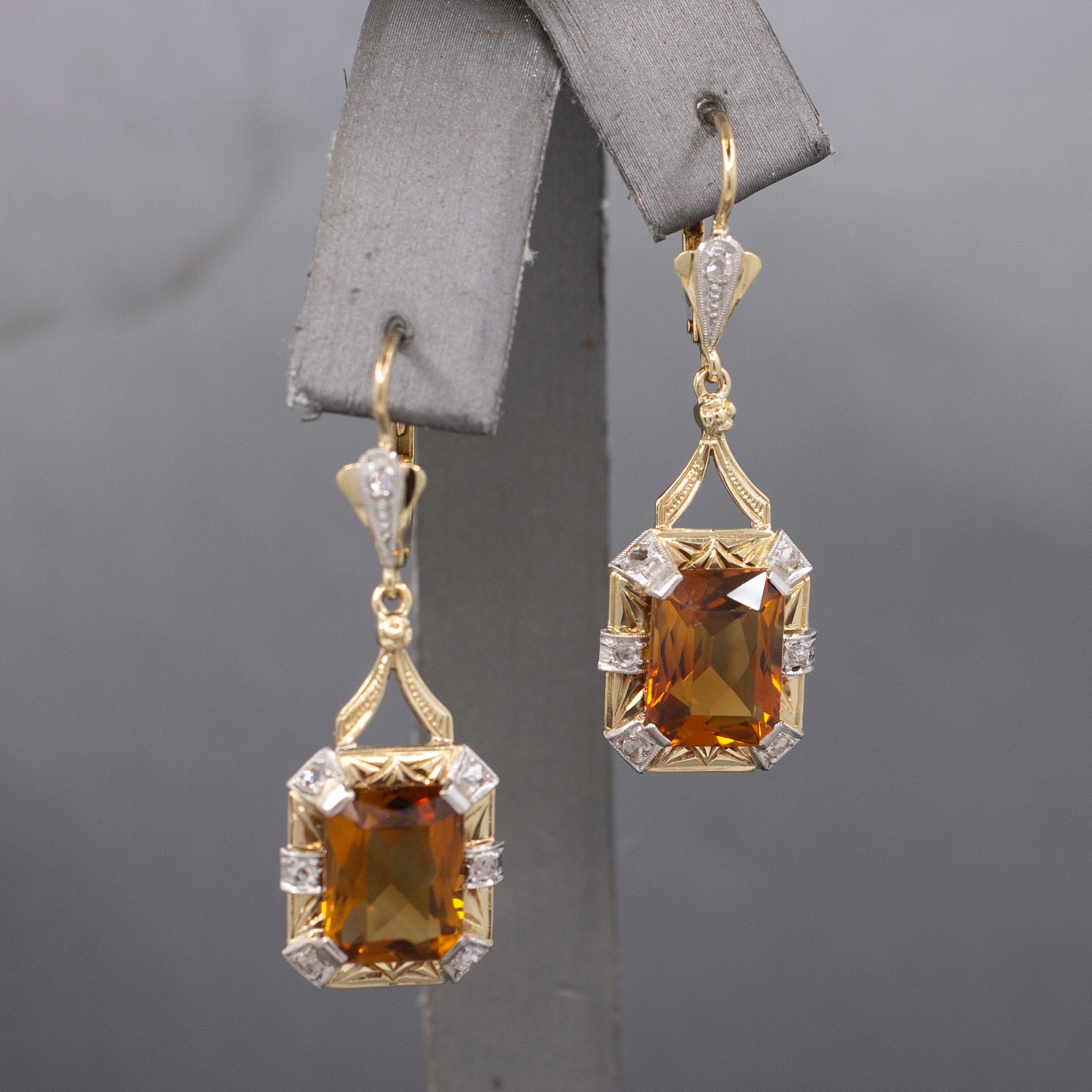 Stunning Vintage Citrine and Rose Cut Diamond Dangle Earrings in 14k Yellow Gold