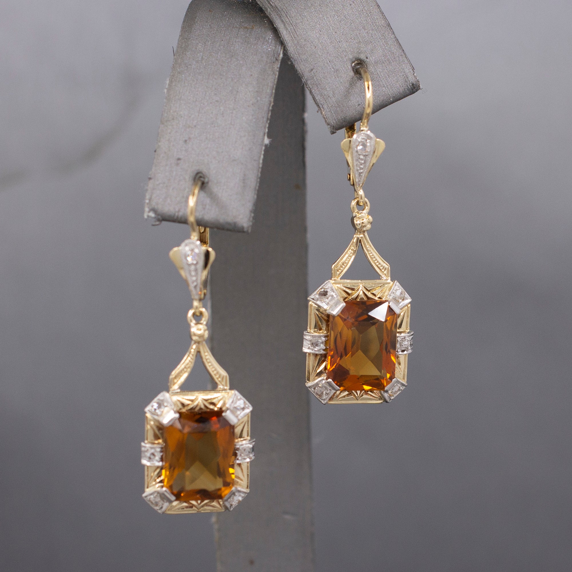 Stunning Vintage Citrine and Rose Cut Diamond Dangle Earrings in 14k Yellow Gold