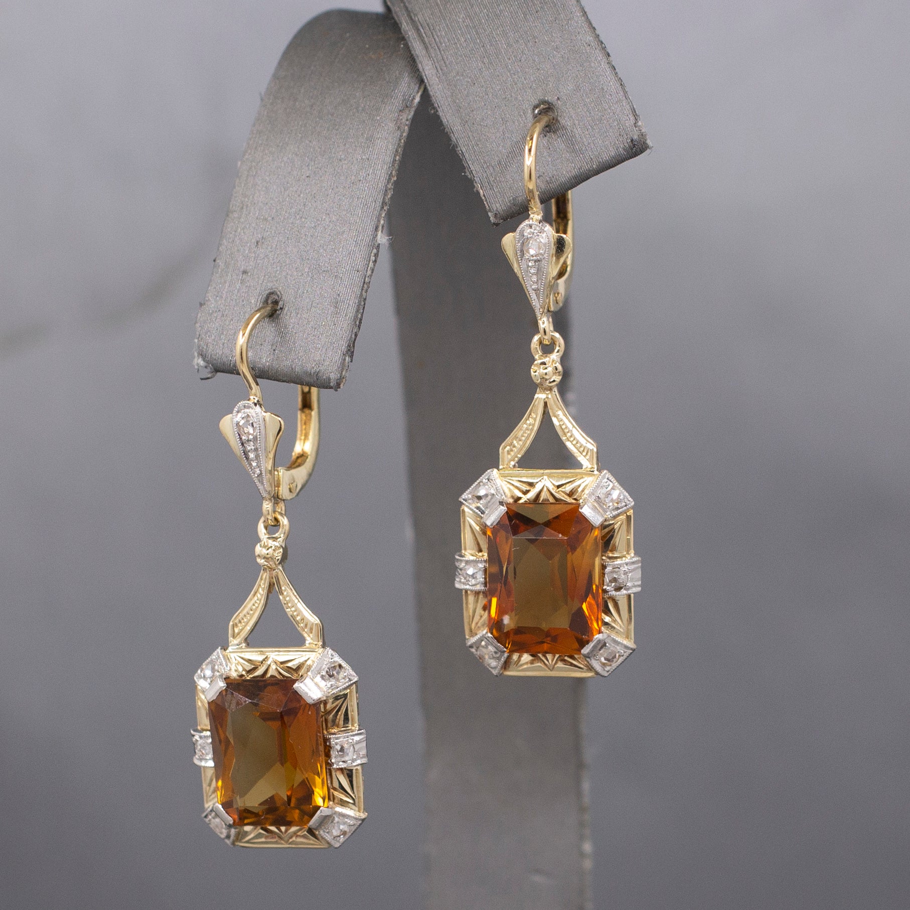 Stunning Vintage Citrine and Rose Cut Diamond Dangle Earrings in 14k Yellow Gold