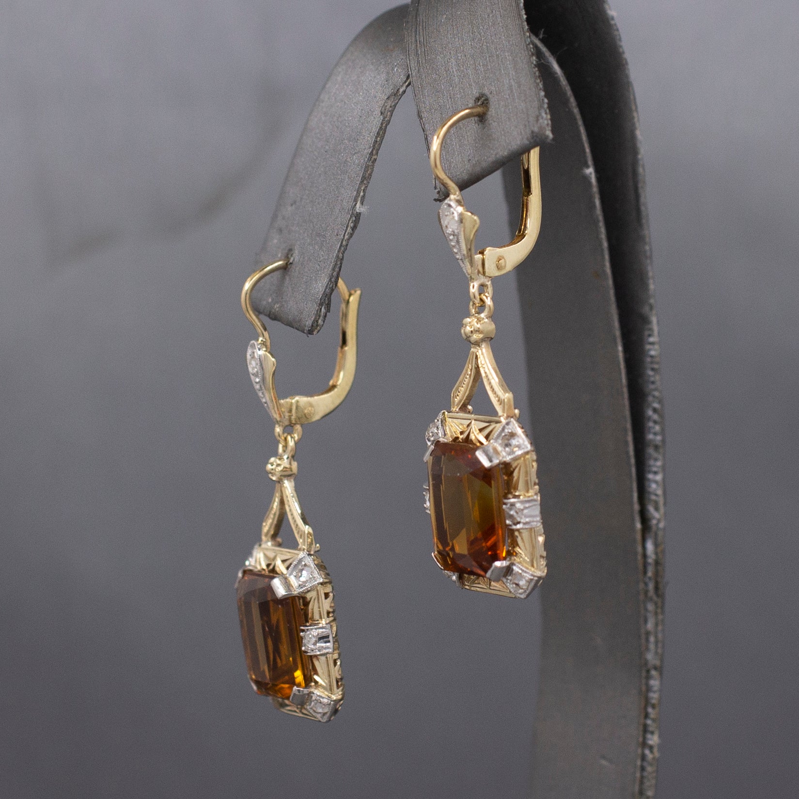 Stunning Vintage Citrine and Rose Cut Diamond Dangle Earrings in 14k Yellow Gold