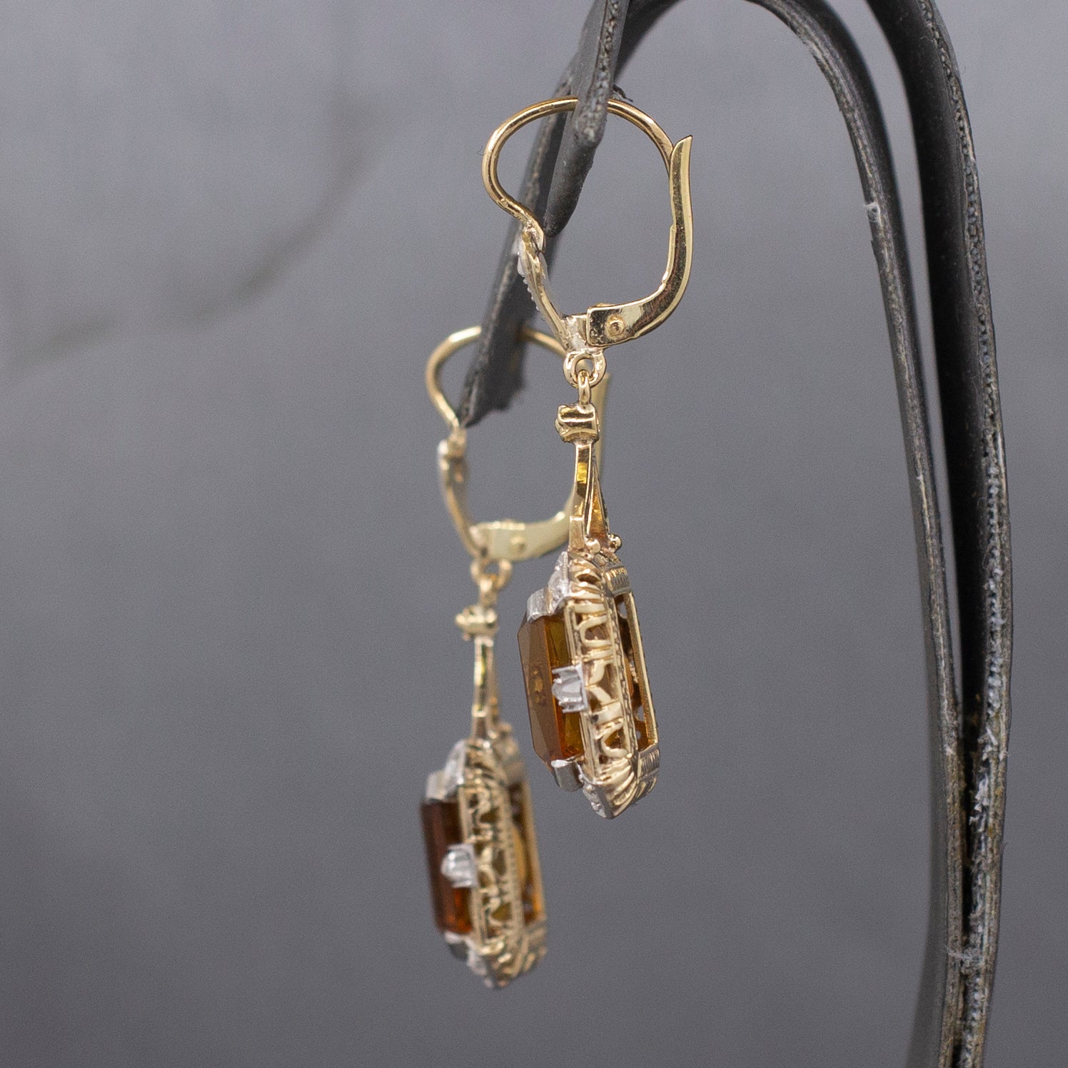Stunning Vintage Citrine and Rose Cut Diamond Dangle Earrings in 14k Yellow Gold