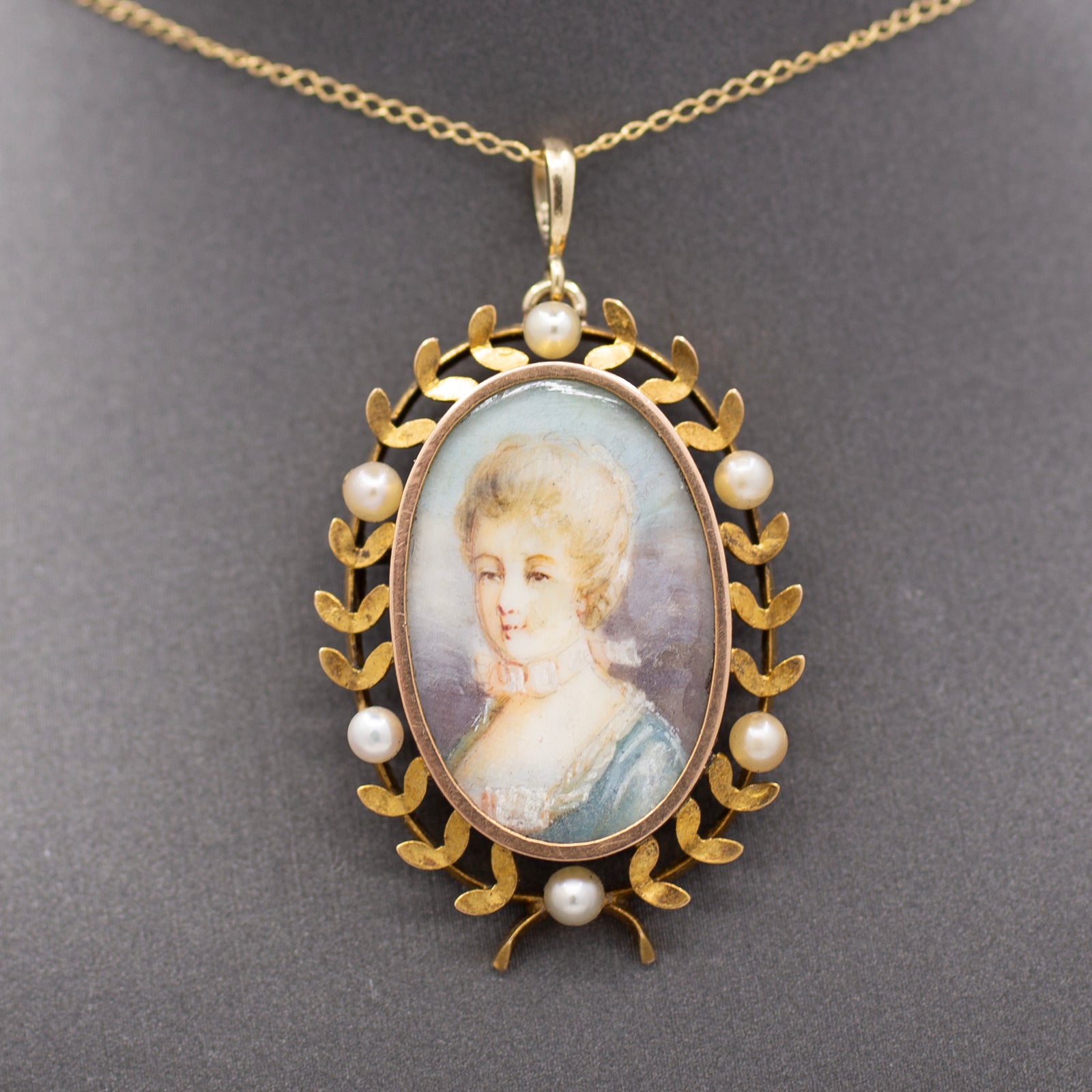 Hand Painted Miniature Woman's Portrait With Pearl Wreath Pendant in 14k Yellow Gold