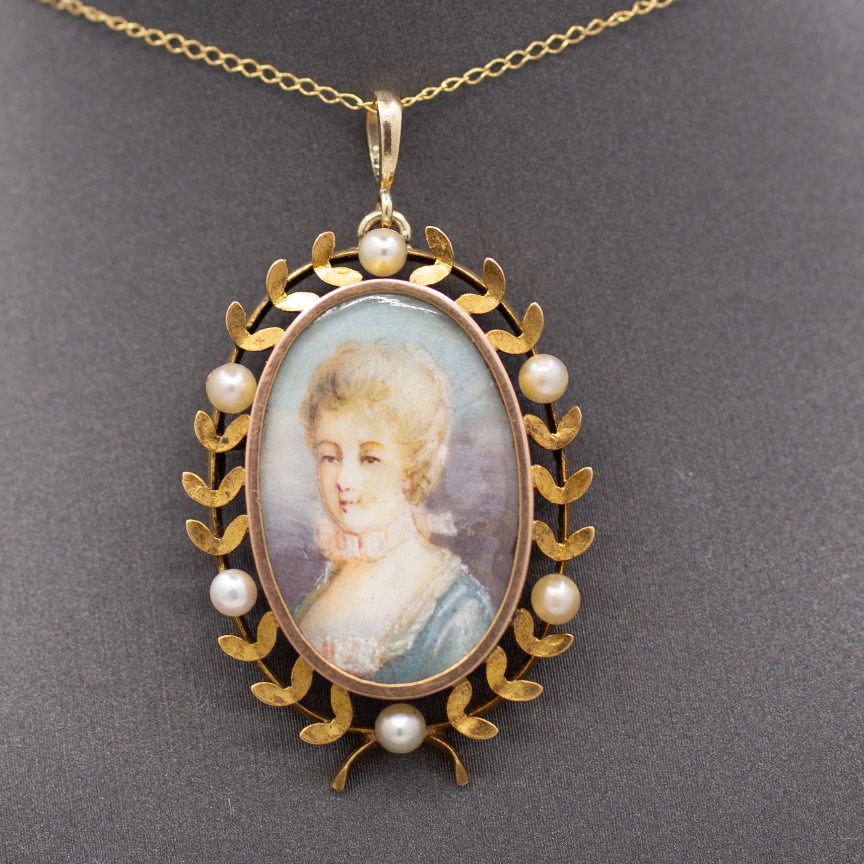 Hand Painted Miniature Woman's Portrait With Pearl Wreath Pendant in 14k Yellow Gold
