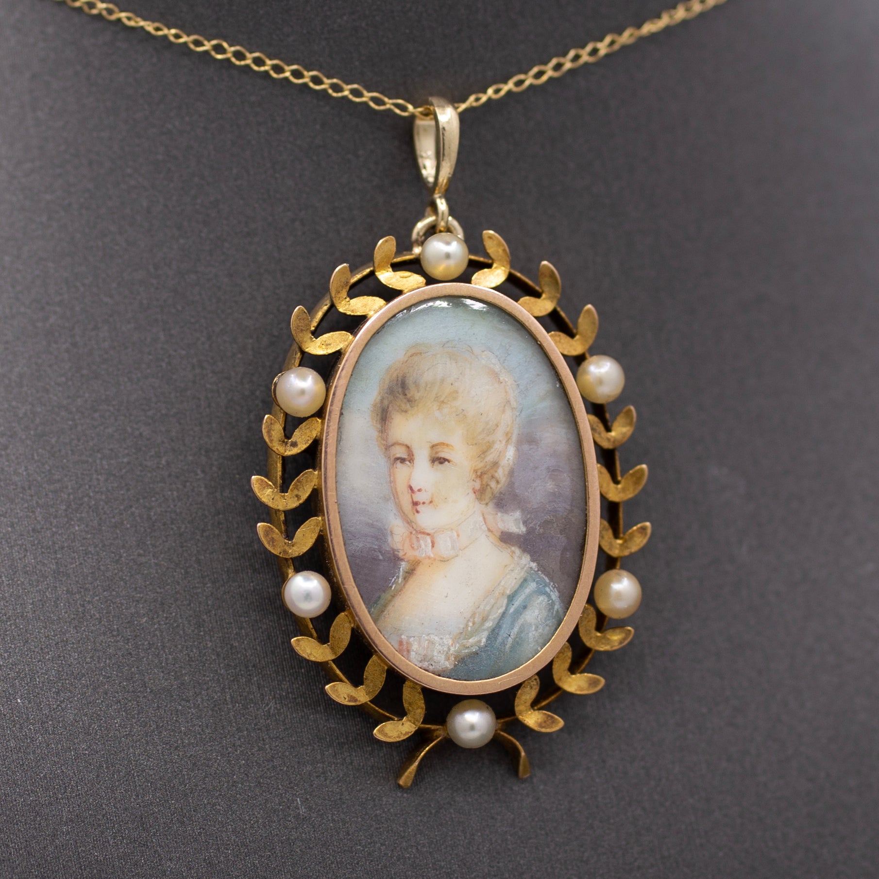 Hand Painted Miniature Woman's Portrait With Pearl Wreath Pendant in 14k Yellow Gold